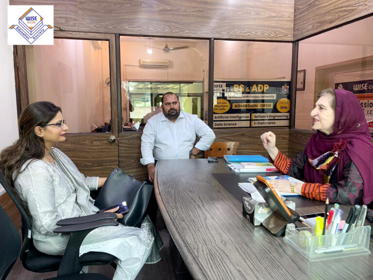 Hamda Tariq CEO Wise Education Society discussing Digital Logic Design practical examination of ADP Software Engineering and ADP AI students with Punjab University examiner and Dr Farooq Abid